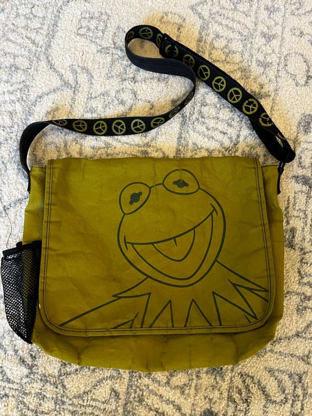 Vintage Kermit Green Messenger Bag with Peace-Print Strap